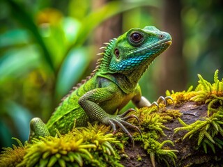 Naklejka premium Vibrant green small water dragon lizard perches on a moss-covered branch, blending in with the lush foliage of a dense rainforest environment.