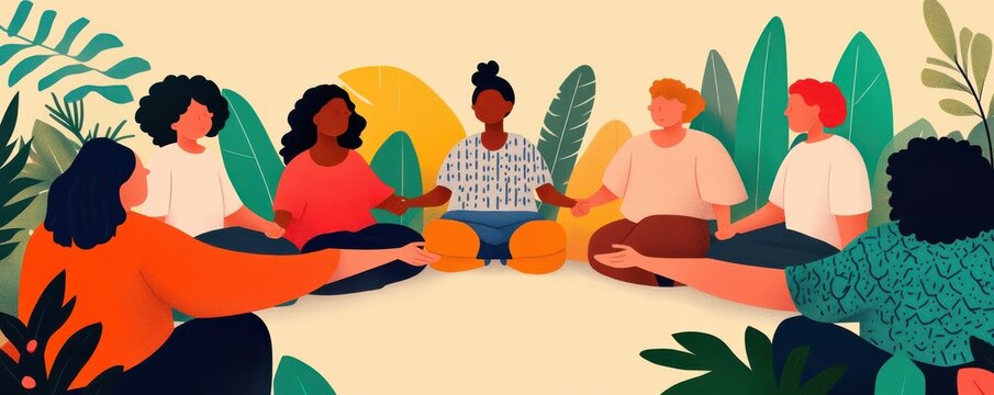 A diverse group of people meditating together in a serene and colorful environment, promoting mindfulness and connection.