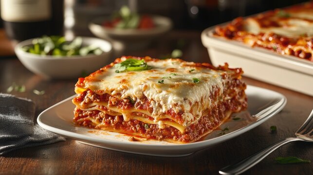 Traditional Italian lasagna with layers of pasta, meat sauce, and melted cheese.