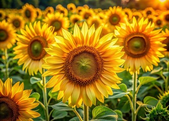 Obraz premium Vibrant high-resolution sunflower images featuring bright golden petals and lush green stems, perfect for backgrounds, seasonal promotions.