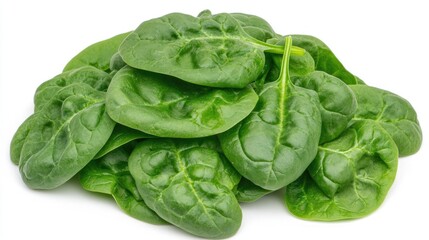 Obraz premium Fresh spinach leaves on a white background showcasing vibrant greens and natural textures