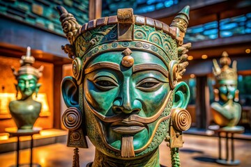 Obraz premium Vibrant mask and intricate sculpture on display at Sanxingdui archaeological site, showcasing ancient Bronze Age culture in modern Guanghan, Sichuan, against a blurred background.