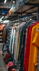 Obraz premium Men's casual clothing in varied colors is neatly arranged in a well-lit store, creating an inviting shopping experience.