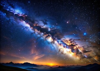 Fototapeta premium Vibrant Milky Way galaxy sprawls across a dark blue sky, illuminated by shimmering stars, glowing nebulae, and colorful cosmic dust, evoking a sense of infinite wonder.