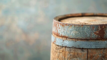 Fototapeta premium A rusted metal barrel with a wooden handle sits on a wall