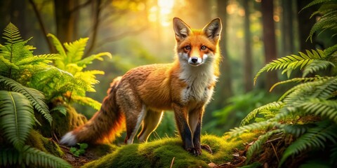 Obraz premium Vibrant orange fox with piercing yellow eyes and bushy tail stands alert in a lush, green forest, surrounded by ferns and sun-dappled trees.