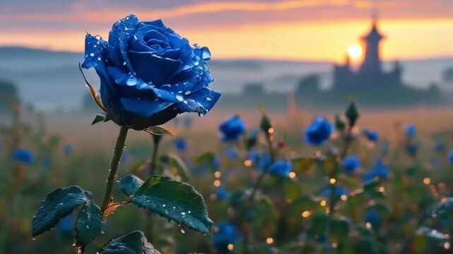 blue rose with drops in field