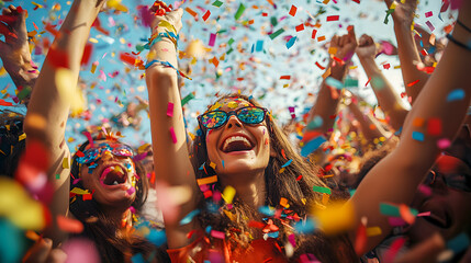 crowd of diverse people celebrating and dancing at a vibrant lively music festival with colorful confetti raining down creating an atmosphere of pure joy and excitement