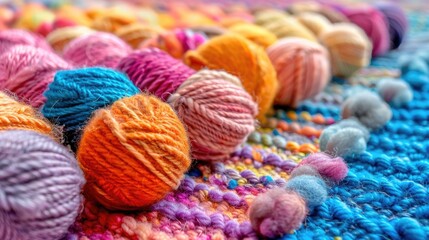 Close-up of balls of wool yarn of different colors arranged on colorful knitted fabric