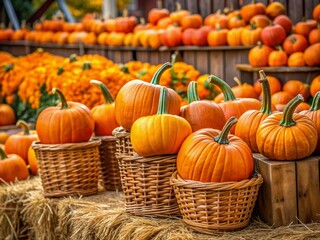 Vibrant orange pumpkins overflow from rustic wooden baskets filled with straw, atop hay bales, evoking a cozy autumn farmers market ambiance perfect for Halloween celebrations.