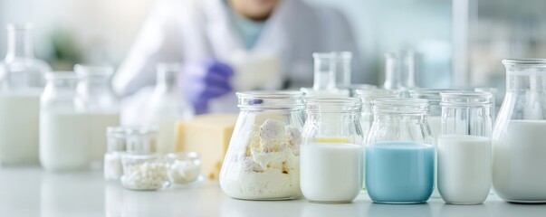 Close-up of various glass containers in a laboratory filled with colorful liquids and samples, showcasing scientific research.