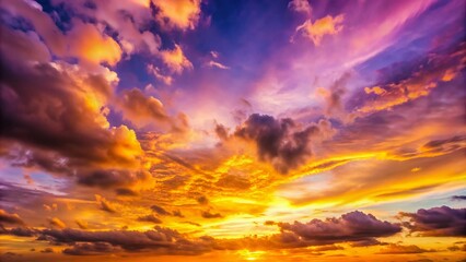 Vibrant pastel hues of purple, golden yellow, and orange dance across the sky, softly illuminated by warm light, perfect for sunrise or sunset backgrounds.