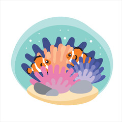 Illustration of coral reef, clown fish. Color pictures for children books. Isolated object