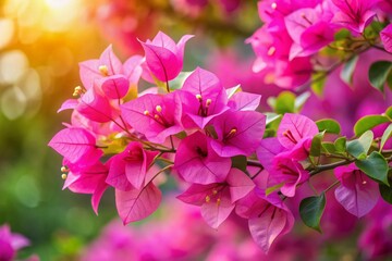 Vibrant pink Bougainvillea spectabilis blooms against a soft, blurred background, showcasing delicate petals and intricate details, perfect for flower wallpaper or natural scenery.