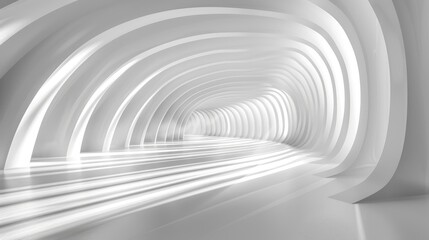 A white, abstract corridor with intersecting light beams, casting soft, linear reflections onto the concrete floor, emphasizing depth and architectural concept.