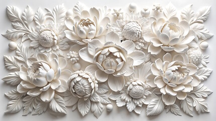 Stucco relief of peony blooms, Abstract  background in the form of white peony buds, close-up, wall stucco, banner.