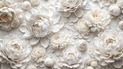 Abstract background of white peony buds, close-up, banner.