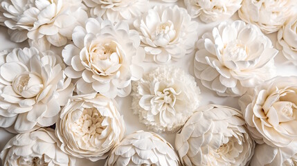 Abstract background of white peony buds, close-up, banner.