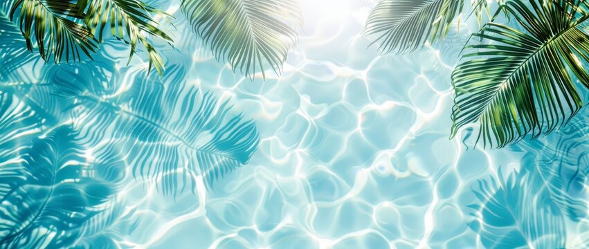 Clear water with green, tropical palm leaves. Summer vacation in paradise. Sea or pool water. Beach holiday concept. 