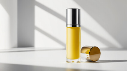 Bottle of yellow nail polish in studio setting, still life and product photography 