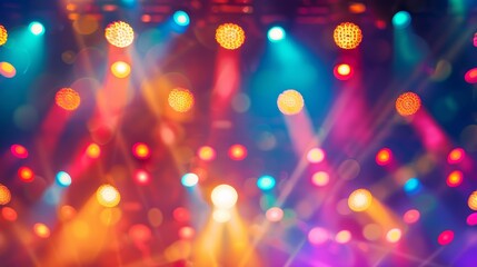 A blurred background of a concert venue with colorful stage lights, capturing the atmosphere of live music. Blurry, vibrant party light with bokeh blur effect at a festival or music event. 