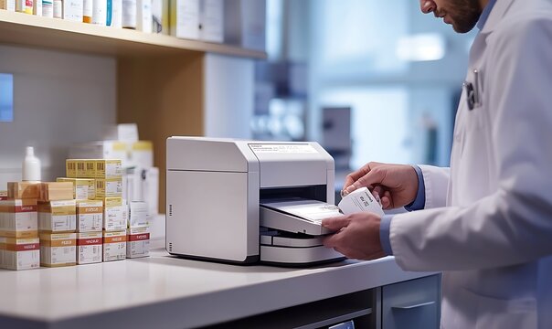 Pharmacist Printing Prescription Labels with a Label Printer in a Modern Pharmacy