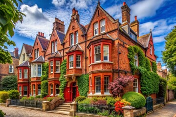 Naklejka premium Vibrant red Victorian-era townhouse with intricate brickwork and ornate details stands proudly on Boar Street, surrounded by lush greenery in Oxford, England.
