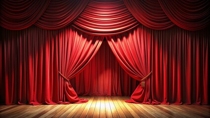 Vibrant red velvet curtain dramatically opens to reveal a bright, spotlight-lit stage, with folds of fabric flowing elegantly, anticipating a grand performance.