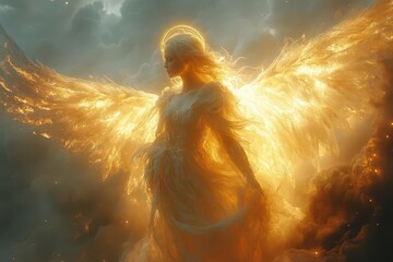 ethereal depiction of a luminous angel floating in a misty pearlhued heavenly realm with soft light emanating from feathered wings and a golden halo