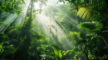 Sunlight Filtering Through Lush Tropical Rainforest Canopy