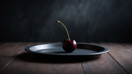 Dark cherry in dark and moody still life scene with dark plate and background