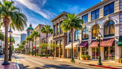 Fototapeta premium Vibrant storefronts line the iconic Rodeo Drive in Beverly Hills, Los Angeles, showcasing luxurious fashion brands and designer boutiques under sunny California skies.