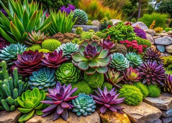 Fototapeta premium Vibrant succulent garden featuring an assortment of lush green and rich purple plants with varying textures and shapes, set against a natural stone backdrop.