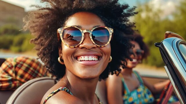 A happy woman and her pal are driving in the summertime.