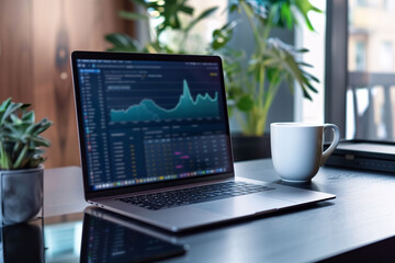 Laptop displaying stock market data and charts on a desk with plants and a coffee cup in a modern workspace.