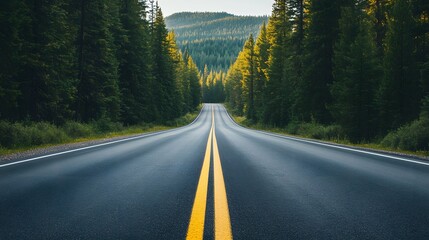 A straight, empty road stretches into the distance through a dense forest, flanked by tall evergreen trees under a clear sky.