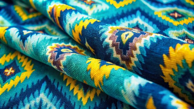Vibrant textile featuring intricate, blurred patterns in shades of indigo, turquoise, and yellow, showcasing traditional ikat design with subtle texture and organic imperfections.