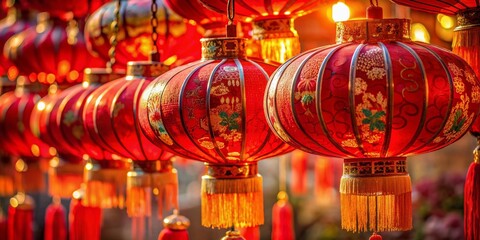 Fototapeta premium Vibrant traditional Chinese red lanterns adorned with intricate designs and tassels, symbolizing prosperity, good fortune, and happiness, hang majestically against a warm, serene background.