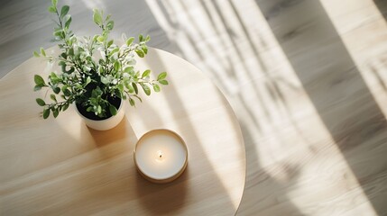 Top view of a cozy wooden table featuring a potted plant and a lit candle, bathed in soft natural sunlight, creating a warm atmosphere.