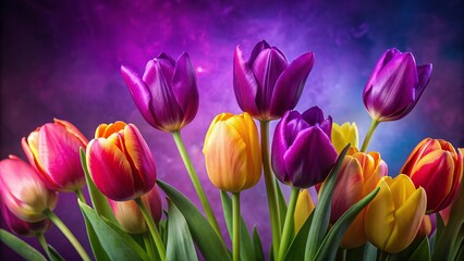 Vibrant tulips bloom on a rich purple background, creating a beautiful spring composition with space for text, perfect for celebratory greeting cards and birthday wishes.