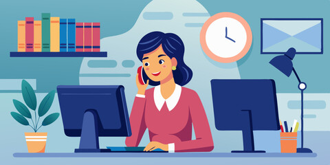 Business woman, entrepreneur or company employee sits at desktop PC and talks on the phone in the office
