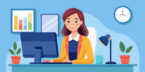 Business woman, entrepreneur or company employee sits at desktop PC and talks on the phone in the office
