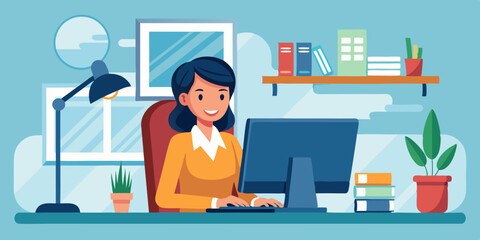 Business woman, entrepreneur or company employee sits at desktop PC and talks on the phone in the office
