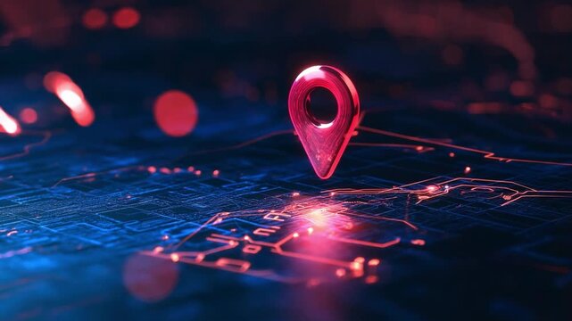 A vibrant navigation marker stands out in a dark, abstract setting, illuminated by floating light particles.