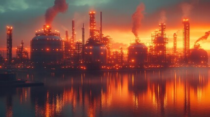 Fototapeta premium Dramatic industrial refinery sunset - generative ai