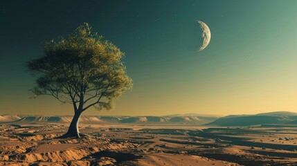 Fototapeta premium lone tree alien desert landscape , isolated tree extraterrestrial environment , unique tree alien planet scenery , extraordinary tree alien world