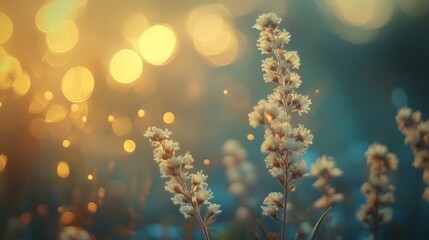 Fototapeta premium Pastel-colored spring flowers illuminated by sunlight, with a soft bokeh background creating a dreamy atmosphere