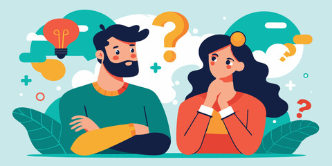 Puzzled man and woman thinking. Solution to the problem. Finding an answer to a question or dream
