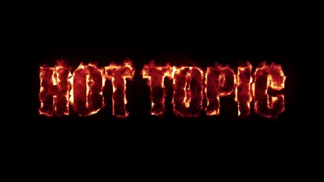 "Hot Topic" animated text art with fire effect. Letters using "Impact" font into vibrant flames on a black background. Motion design footage in a seamless loop. All capital letters