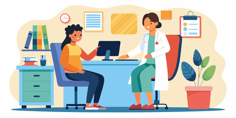 Doctor visit. Check up. Woman doctor and patient. Vector illustration
